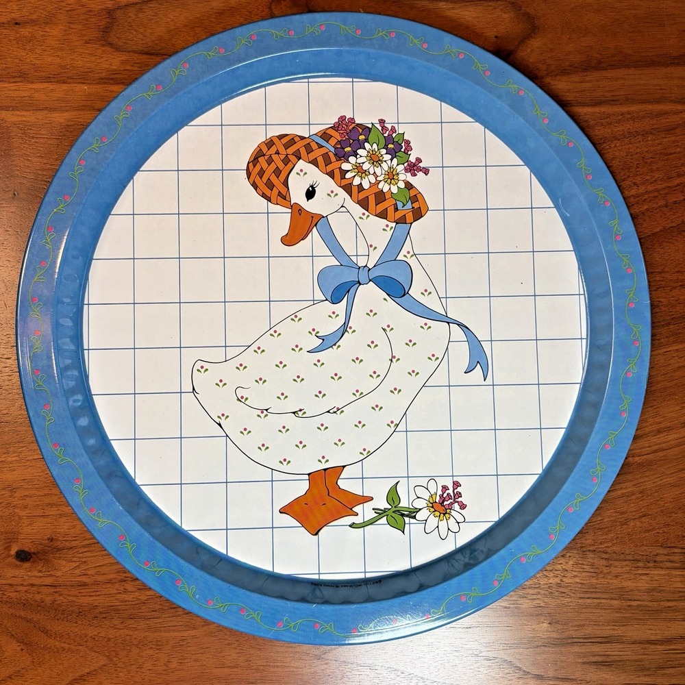 Vintage Country Goose Blue Tin Tray Flowers Bonnet 13" Serving Tray Round 80s